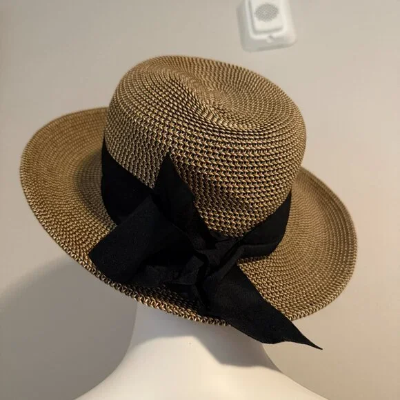 Woven straw hat,black ribbon trim - Picture 2 of 6